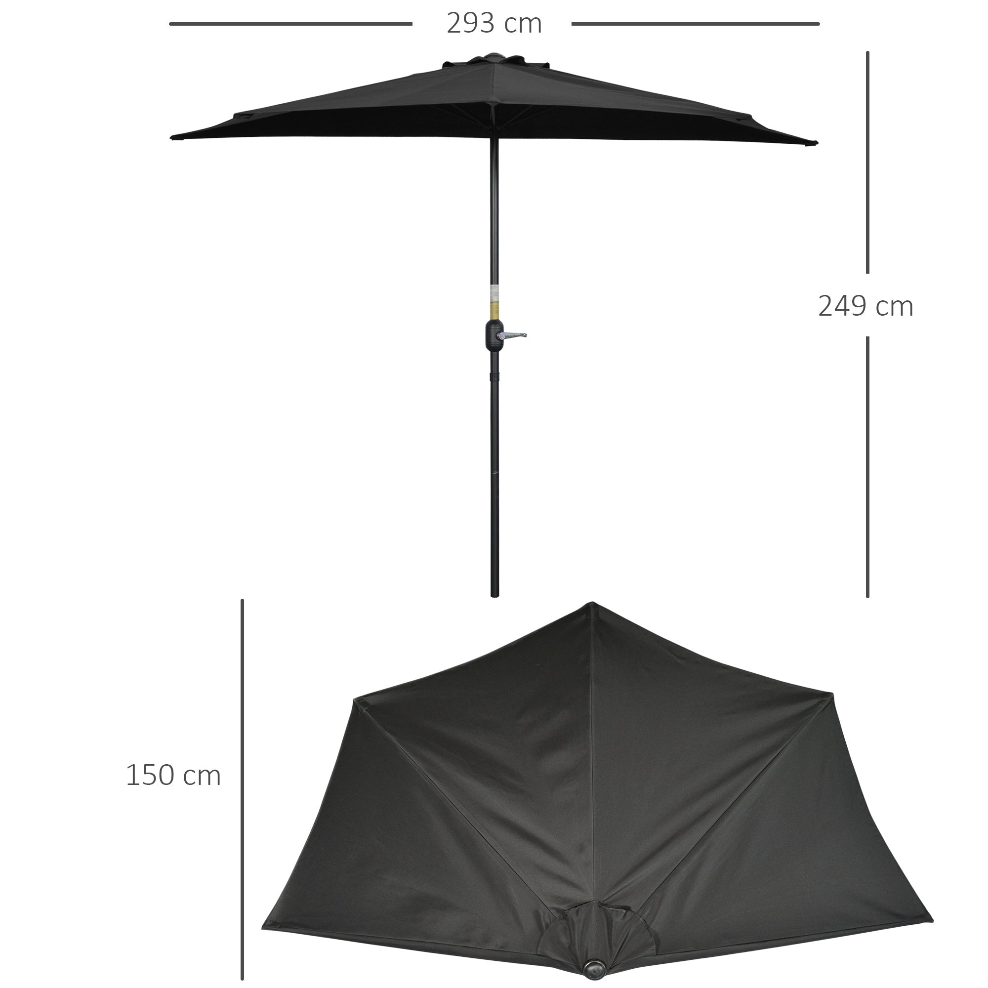 Outsunny 3(m) Half Parasol Semi Round Umbrella Patio Metal Frame Crank Handle for Balcony-- NO BASE INCLUDED, Black 
