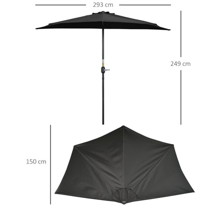 Outsunny 3(m) Half Parasol Semi Round Umbrella Patio Metal Frame Crank Handle for Balcony-- NO BASE INCLUDED, Black 