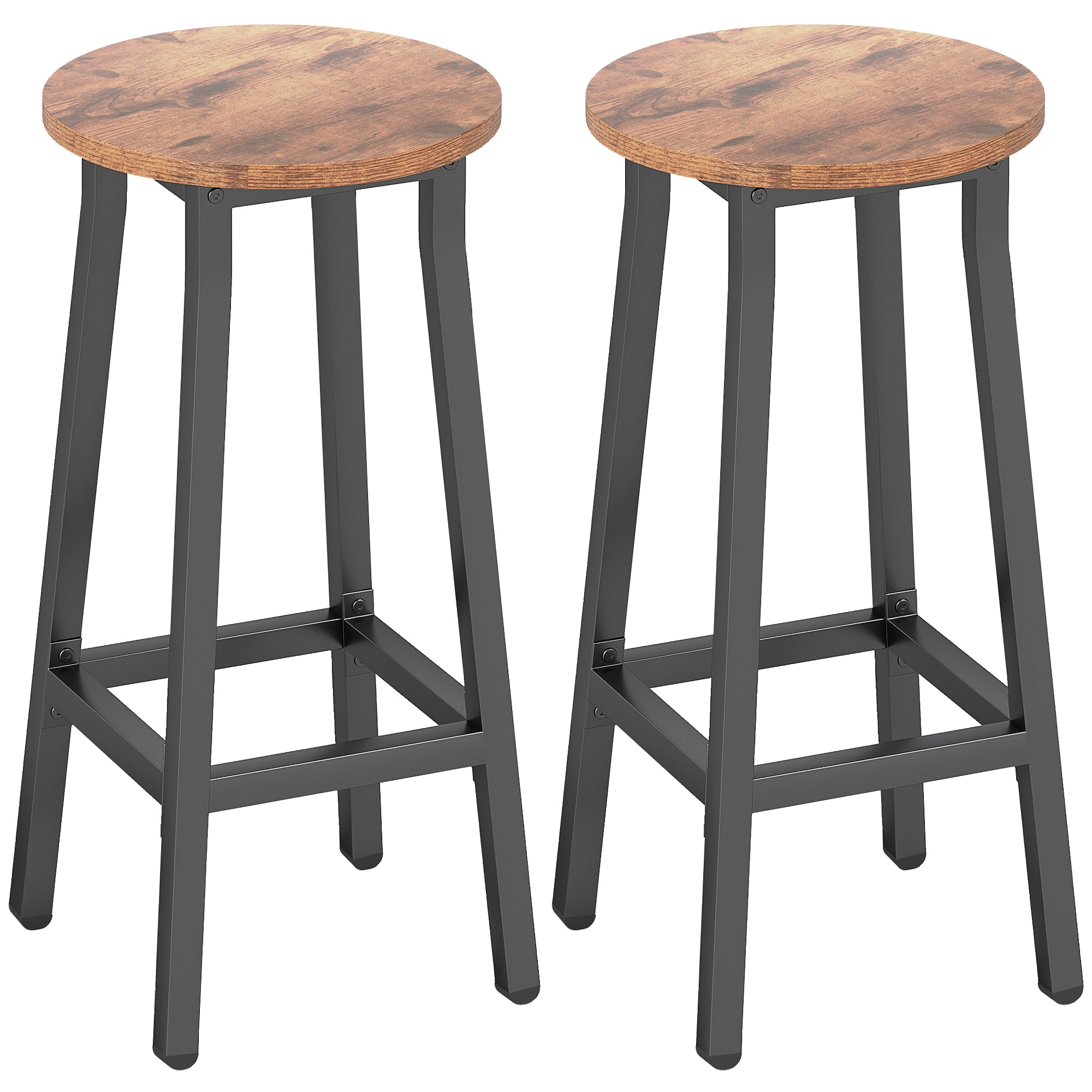 HOMCOM Bar Stools Set of 2 Breakfast Bar Stools with Footrest, Industrial Round, 32 x 32 x 65 cm, Rustic Brown 
