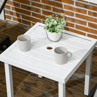 Outsunny Garden Side Table End Table Patio Coffee Table with Umbrella Hole, Steel Frame for Balcony, White 