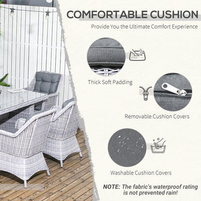 Outsunny 6 Seater Rattan Dining Set, Round PE Rattan Garden Furniture Set with Seat and Back Cushions, Aluminium Outdoor Dining Table and Chairs with 6 Armchairs, Rectangular Glass Top Table, Grey 