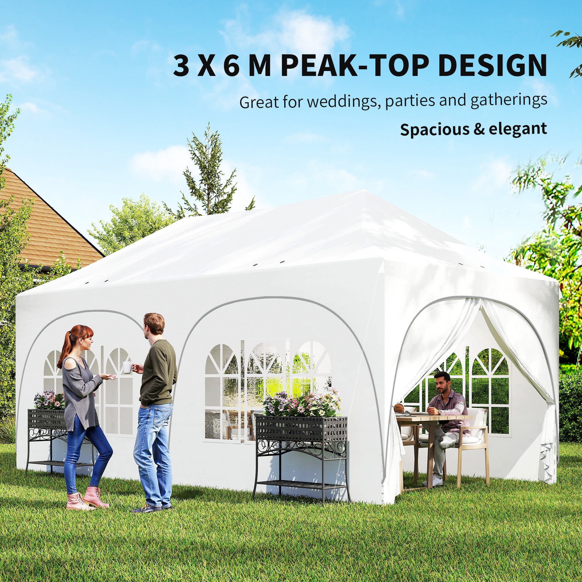 Outsunny 3 x 6m Pop Up Gazebo Shelter with Sides, 6 Sandbags, Peak Top Garden Party Tent Marquee with Carry Bag, Light Grey/White 