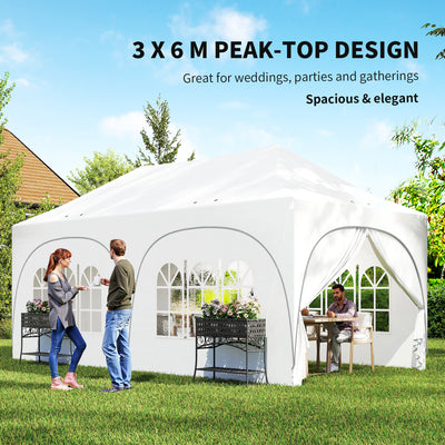 Outsunny 3 x 6m Pop Up Gazebo Shelter with Sides, 6 Sandbags, Peak Top Garden Party Tent Marquee with Carry Bag, Light Grey/White 
