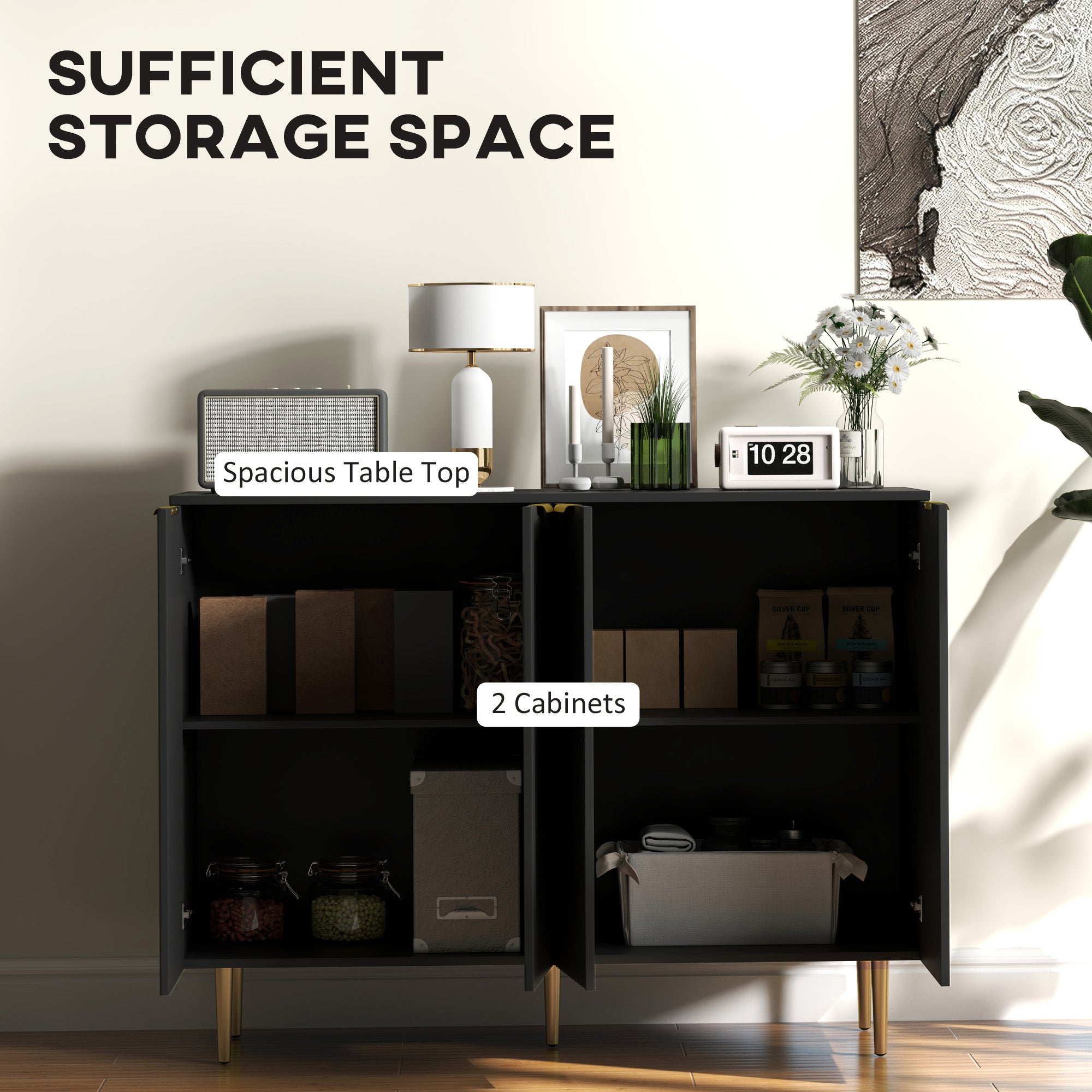 HOMCOM Sideboard Buffet Cabinet, Modern Kitchen Storage Cabinet with 4 Doors and Adjustable Shelves Black 