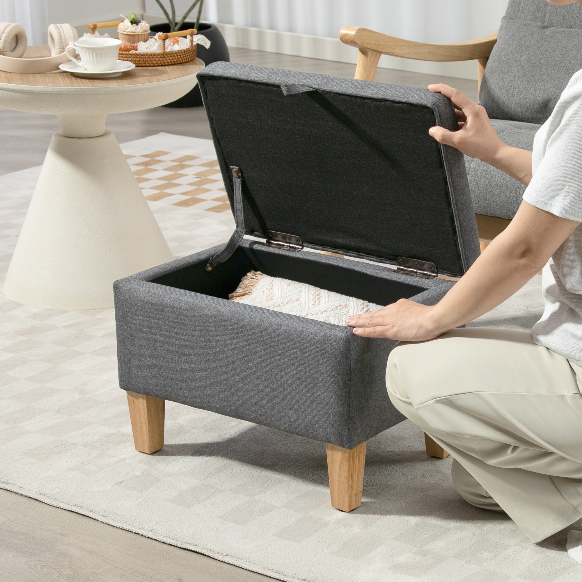 HOMCOM 16L Linen Storage Ottoman Padded Footstool with Rubberwood Legs for Storage Box, Bed End, Shoe Bench, Seating, Charcoal Grey 