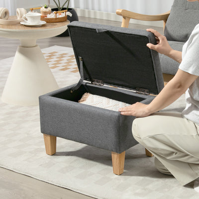 HOMCOM 16L Linen Storage Ottoman Padded Footstool with Rubberwood Legs for Storage Box, Bed End, Shoe Bench, Seating, Charcoal Grey 