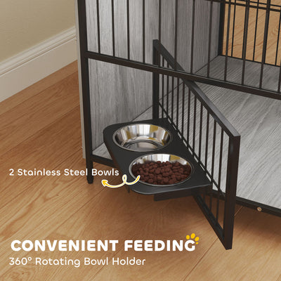PawHut Dog Crate Furniture with Rotating Bowl Holder, 2 Bowls, 2 Doors, for Medium Dogs, 80 x 56 x 76.5 cm, Grey 