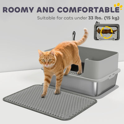 PawHut High Sided Stainless Steel Litter Box, Metal Cat Litter Tray with Metal Scoop, Litter Mat, Never Absorbs Odors, Grey 