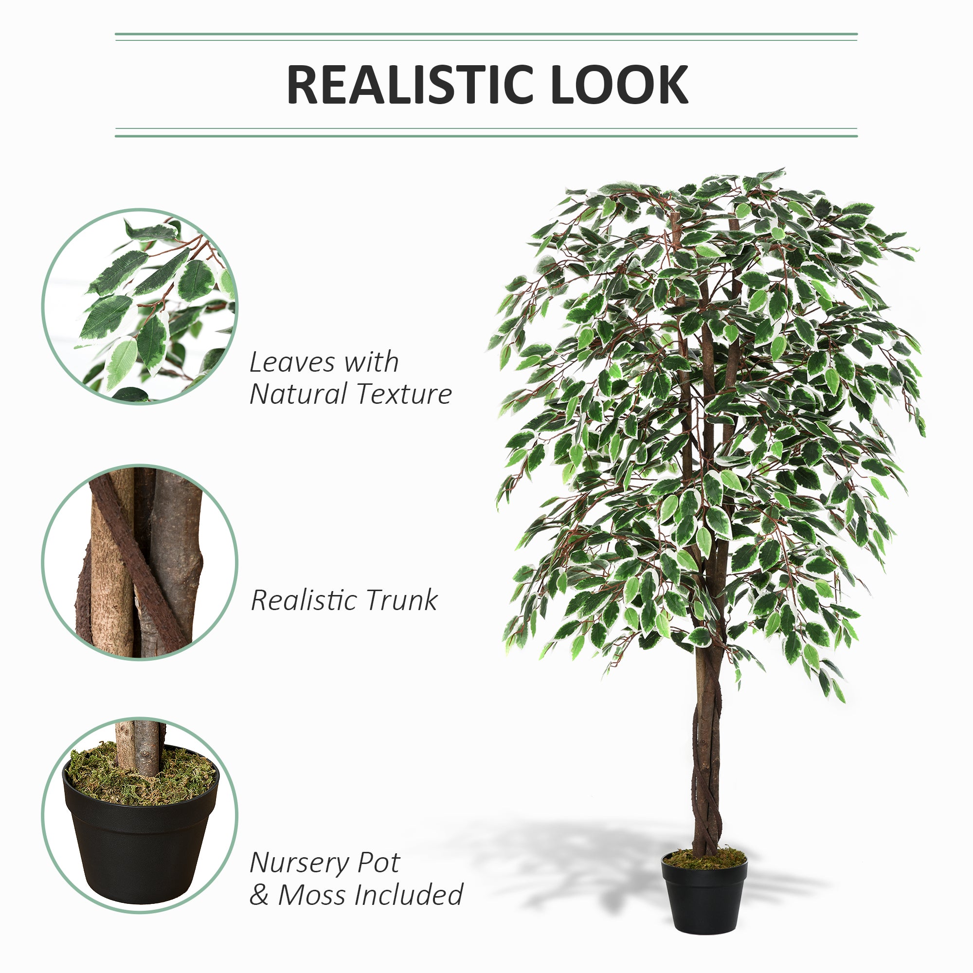 Outsunny 160cm/5.2FT Artificial Ficus Silk Tree with Nursery Pot, Decorative Fake Plant, for Indoor Outdoor Décor 
