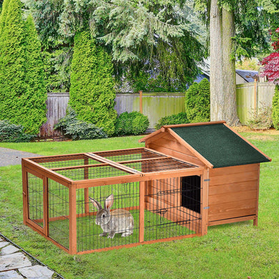 PawHut Wooden Rabbit Hutch Outdoor, Guinea Pig Hutch, Detachable Pet House Animal Cage with Openable Run & Roof Lockable Door Slide-out Tray 146 x 95 x 69cm 
