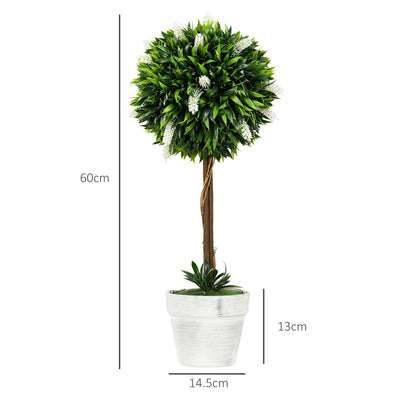 HOMCOM Set of 2 Decorative Artificial Plants Ball Trees with Flower for Home Indoor Outdoor Decor, 60cm ,White 