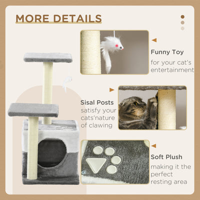 PawHut Cat Tree w/ Sisal Scratching Posts, House, Perches, Toy Mouse, Grey 