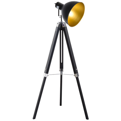 HOMCOM Tripod Floor Lamp, Spotlight Reading Lamp w/ Adjustable Height, Angle, Wood Legs for Living Room, Bedroom, Home, Office, Black and Gold 