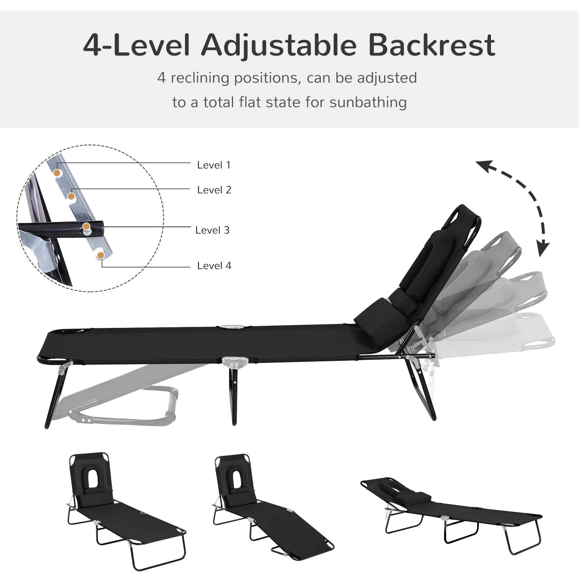 Outsunny Outdoor Foldable Sun Lounger, 4 Level Adjustable Backrest Reclining Sun Lounger Chair with Pillow and Reading Hole, Black 