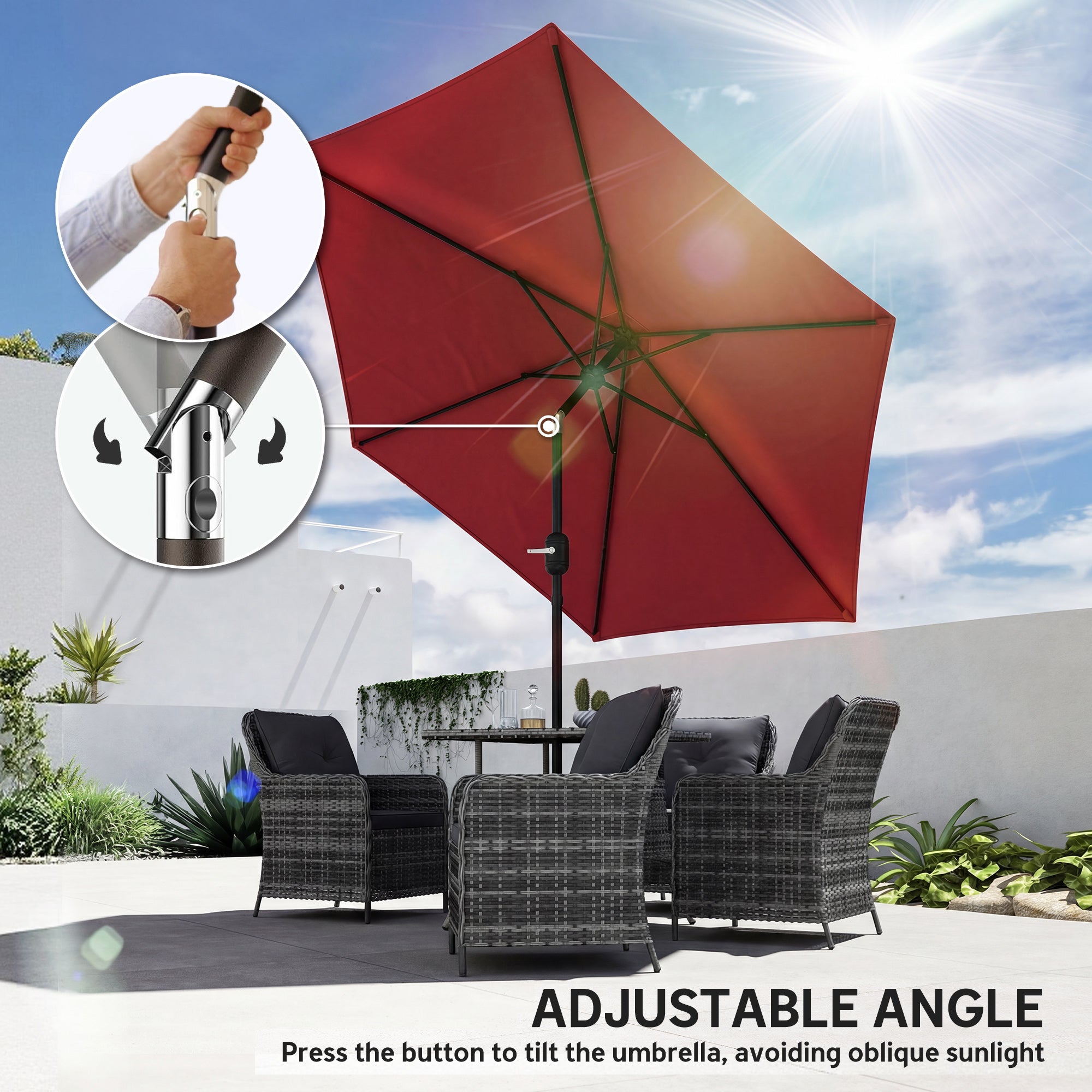 Outsunny 2.6 m Garden Parasol Umbrella with Aluminium Pole, Outdoor Patio Umbrella with Tilt and Crank, Vent, Wine Red 
