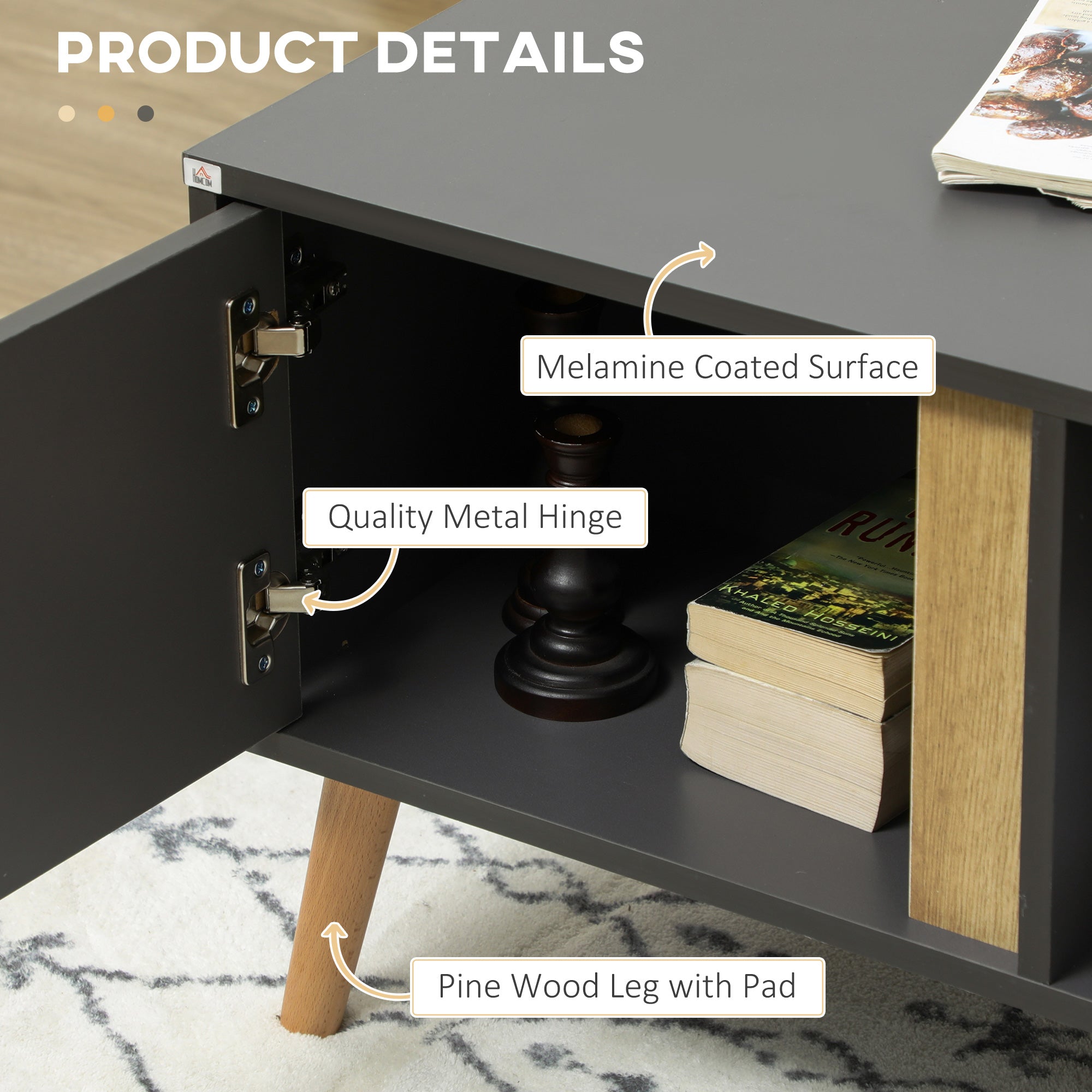 HOMCOM Coffee Table for Living Room, Modern Centre Table with Storage Compartments and Cabinets, Rectangular Side Table, 115x 58x 45cm, Grey 