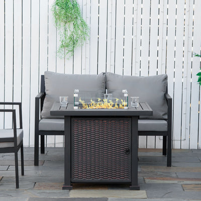 Outsunny Square Propane Gas Fire Pit Table, 50000 BTU Rattan Smokeless Firepit Patio Heater with Glass Screen, Glass Beads and Lid, 81cm x 81cm x 64cm, Black 