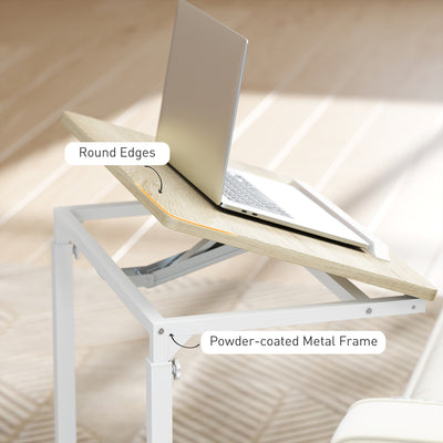 HOMCOM C-Shaped Sofa Side Table, Height Adjustable Overbed Table with Tilting Desktop, Mobile Laptop Desk for Living Room Bedroom, Oak and White 