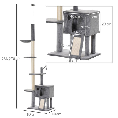 PawHut 270cm Floor To Ceiling Cat Tree Cat House Scratching Post for Indoor Cats Hammock Hanging Ball Activity Center Grey 