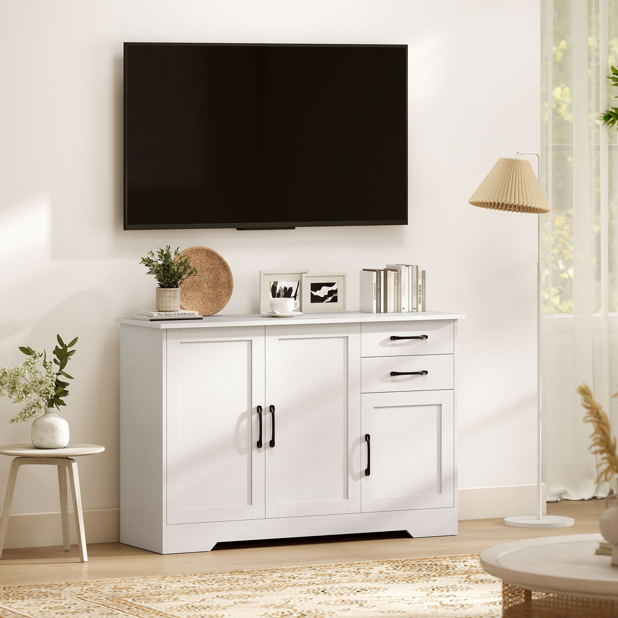 HOMCOM Sideboard with 2 Drawers Modern Storage Cabinet, Kitchen Cupboard with Adjustable Shelf and 3 Doors White 