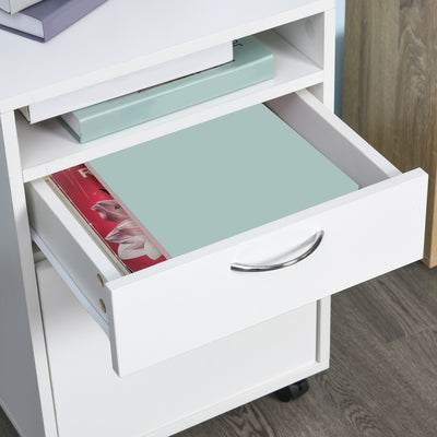 HOMCOM 60cm Filing Cabinet with Drawer, Open Shelf, Metal Handles and 4 Wheels, Office Home Organiser Mobile Printer, White 