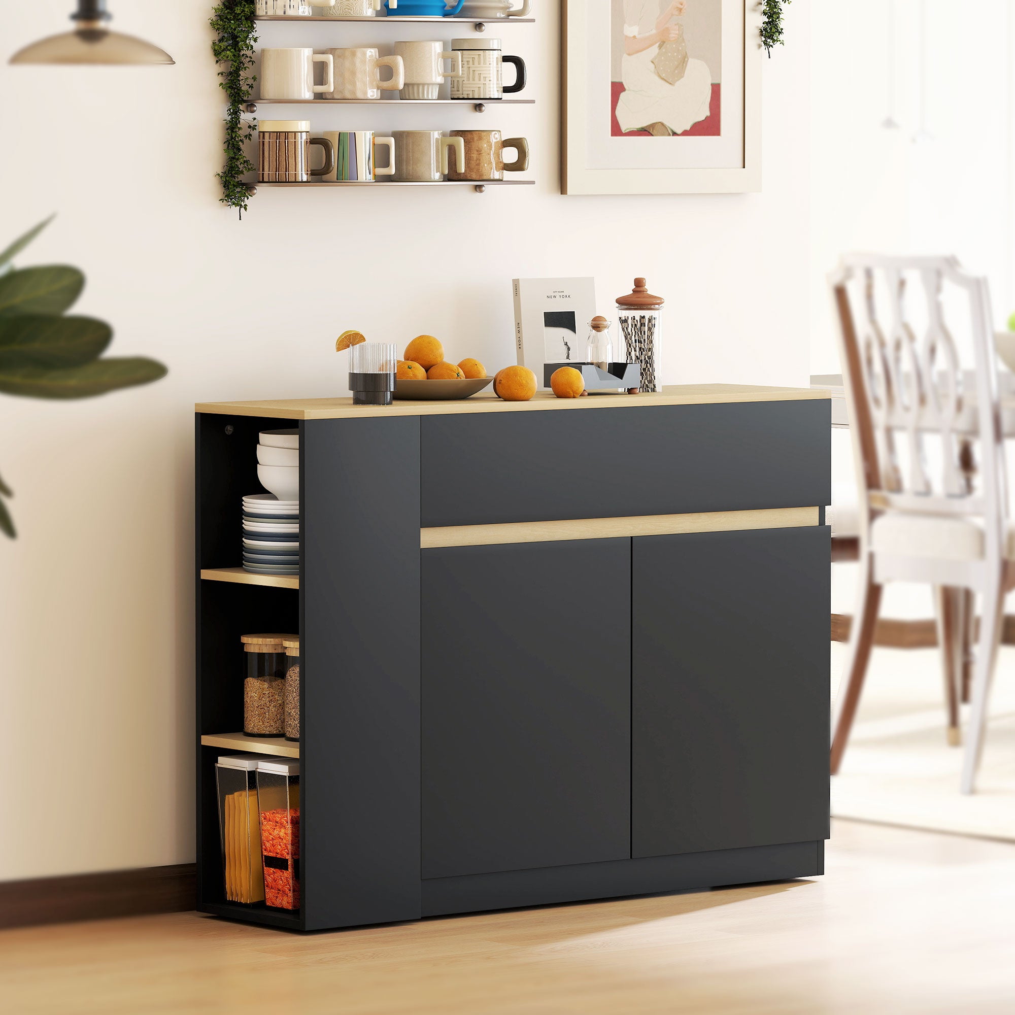 HOMCOM Sideboard, Storage Cabinet with Adjustable Shelf, 2 Drawers, 3 Open Shelves, Black 