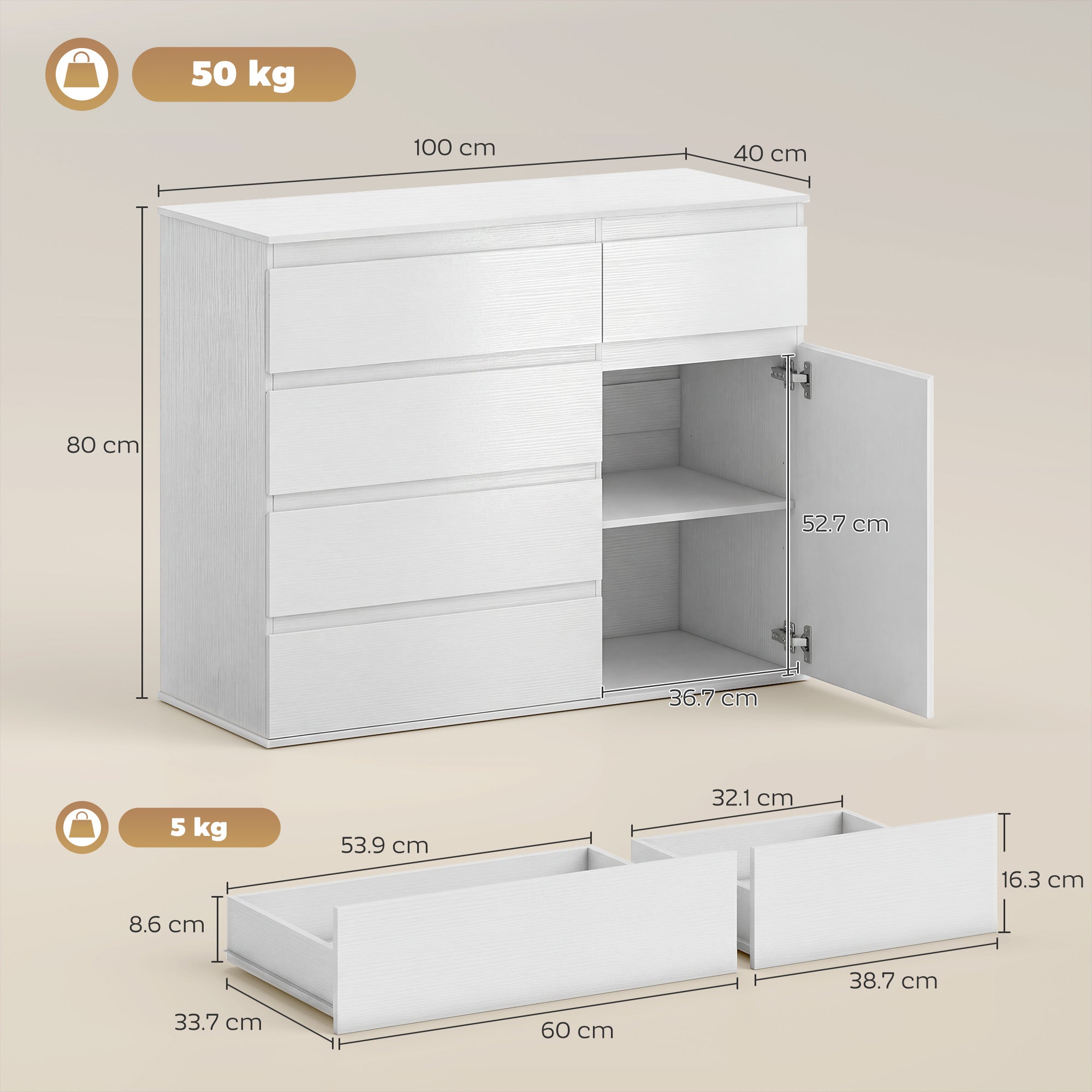 HOMCOM Modern Chest Of Drawers, 5 Drawer Dresser with Adjustable Shelf, Soft-Close Door, White 