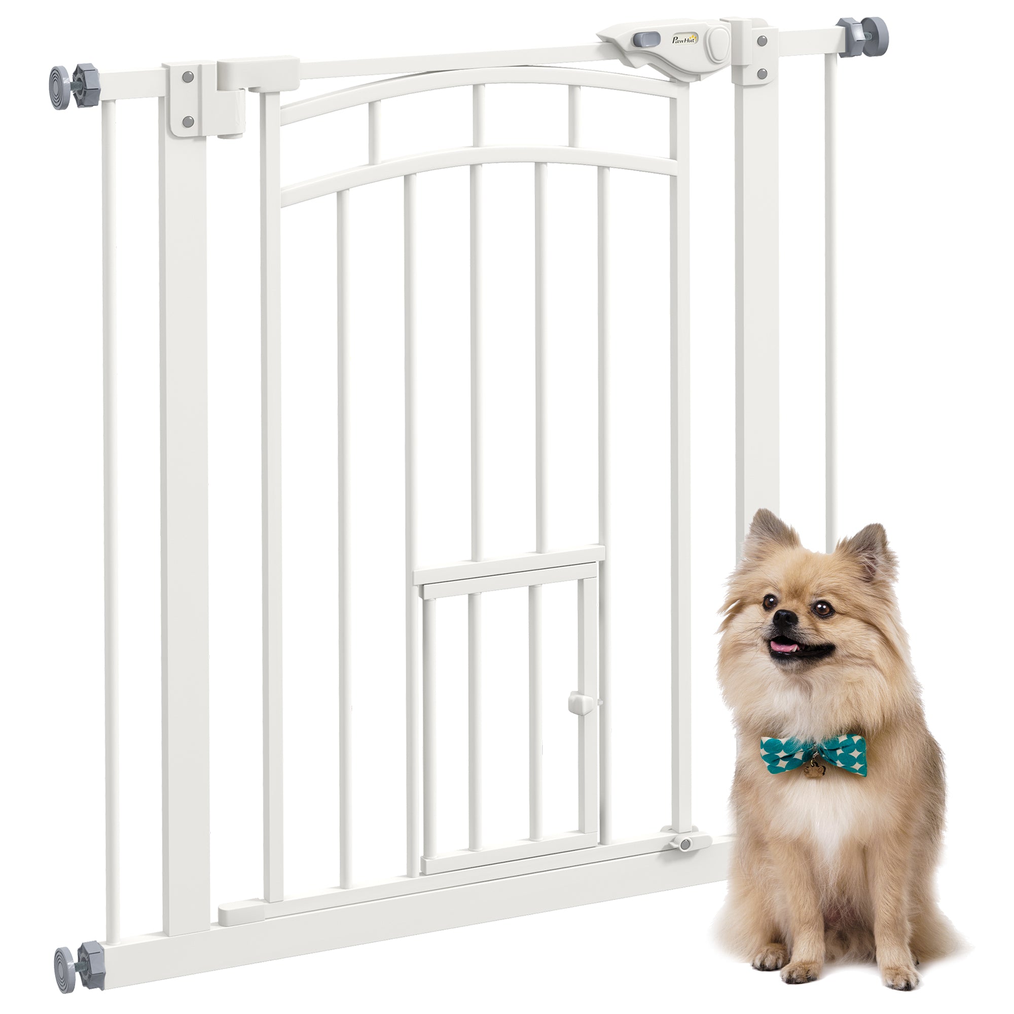 PawHut Pressure Fit Stair Gate, Dog Gate w/ Small Cat Door, Auto Closing System, Double Locking Openings, 74-80cm - White 