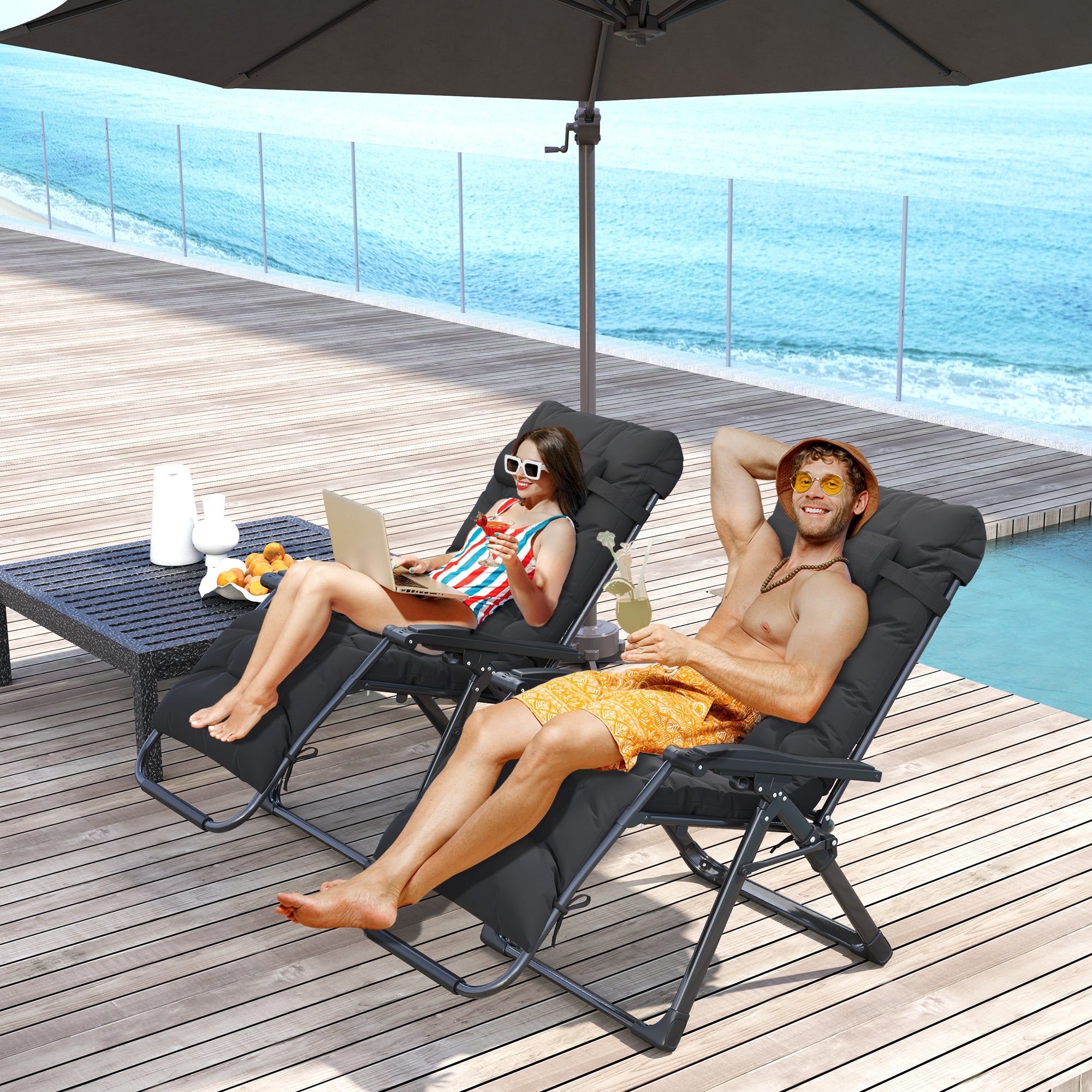 Outsunny 2 Piece Reclining Zero Gravity Sun Loungers with Cushions, Black 