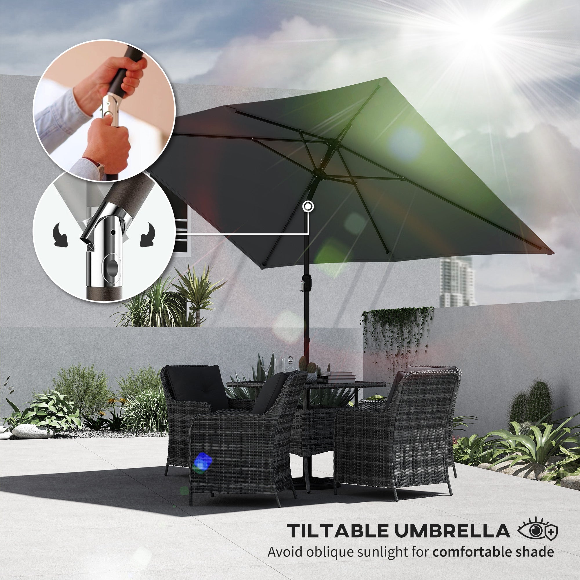 Outsunny Garden Parasol, Parasol Umbrella with Crank Handle, Tilt Function, Polyester Canopy, Dark Grey 