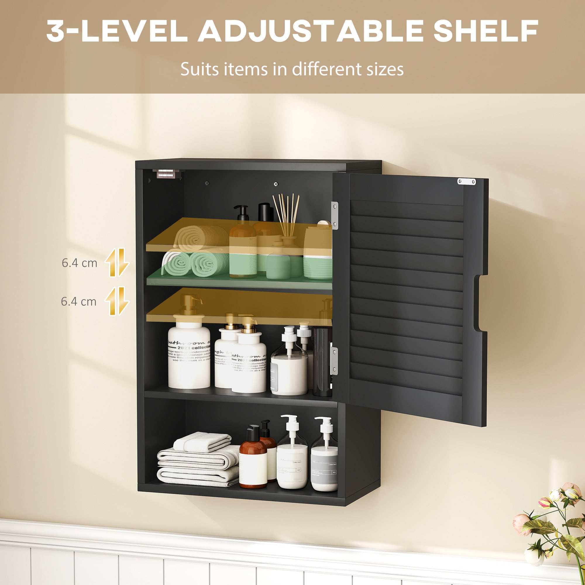HOMCOM Bathroom Cabinet, Wall Mounted Storage Cabinet with Adjustable Shelves, 40 x 20 x 60 cm, Black 