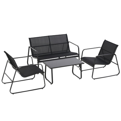 Outsunny 4 Piece Garden Furniture Set Outdoor Patio Sofa Set with Double Chair, Single Chairs and Glass Top Table for Terrace and Balcony, Black 