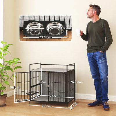 PawHut Dog Crate Furniture with Rotating Bowl Holder, 2 Bowls, 2 Doors, for Medium Dogs, 80 x 56 x 76.5 cm, Grey 