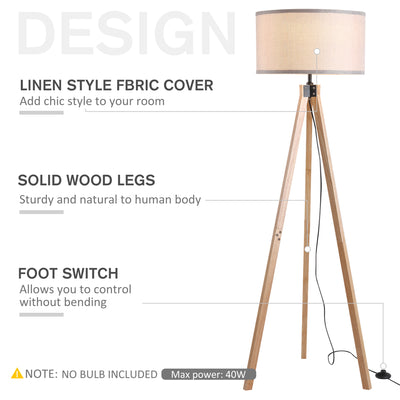 HOMCOM Floor Lamp with Elegant Wood Tripod, Free Standing E27 Bulb Lamp Versatile Use For Home Office - Beige 