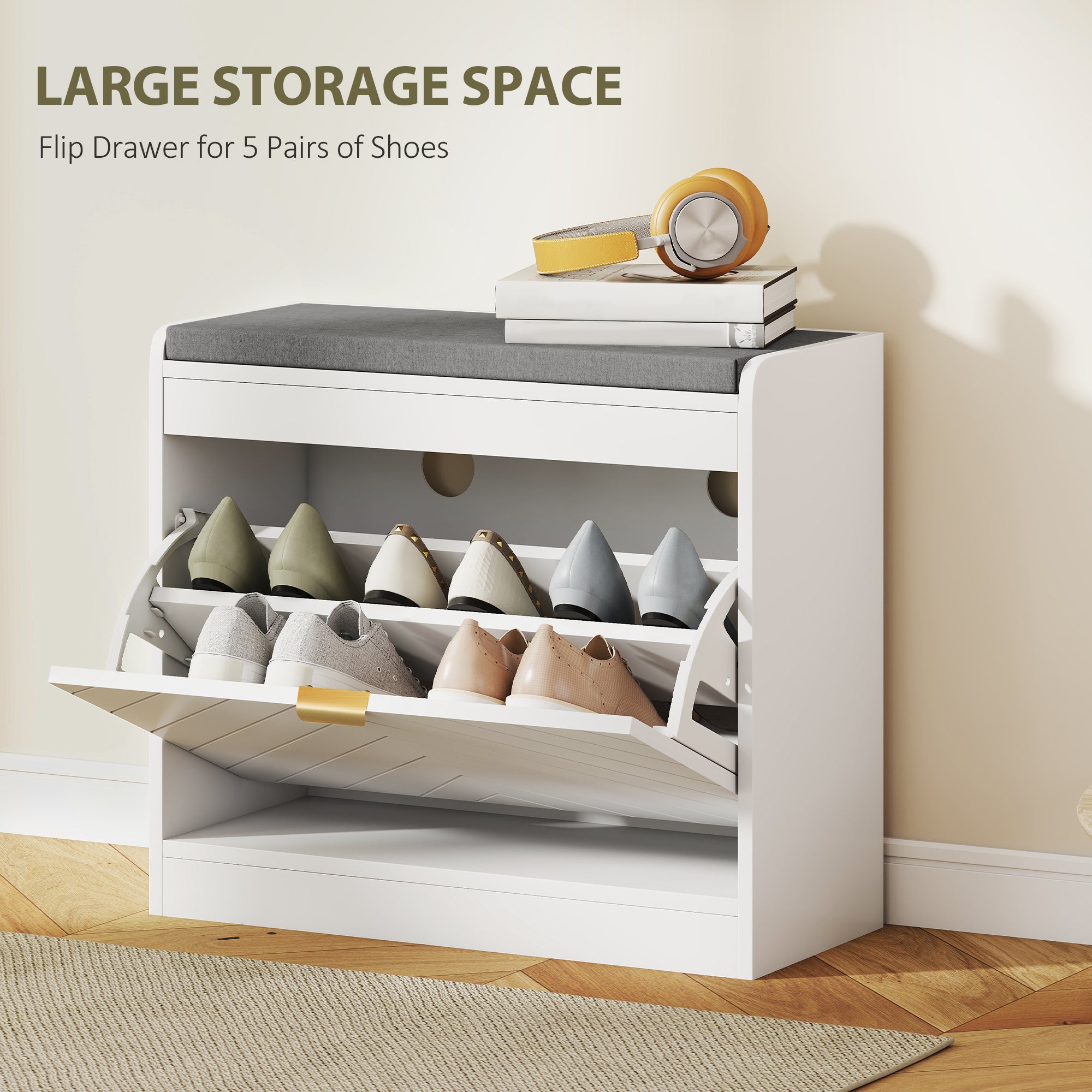 HOMCOM Shoe Storage with Seat, Upholstered Entryway Bench, Shoe Bench with 1 Flip Drawer and 4 Vents for 5 Pairs of Shoes 