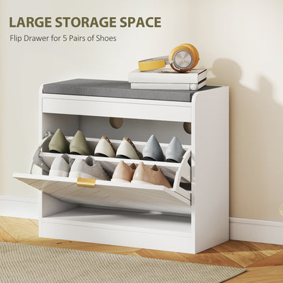 HOMCOM Shoe Storage with Seat, Upholstered Entryway Bench, Shoe Bench with 1 Flip Drawer and 4 Vents for 5 Pairs of Shoes 