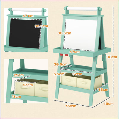 AIYAPLAY 3 in 1 Kids Easel Double-Sided Magnetic Whiteboard and Chalkboard with Paper Roll, Storage Baskets - Green 
