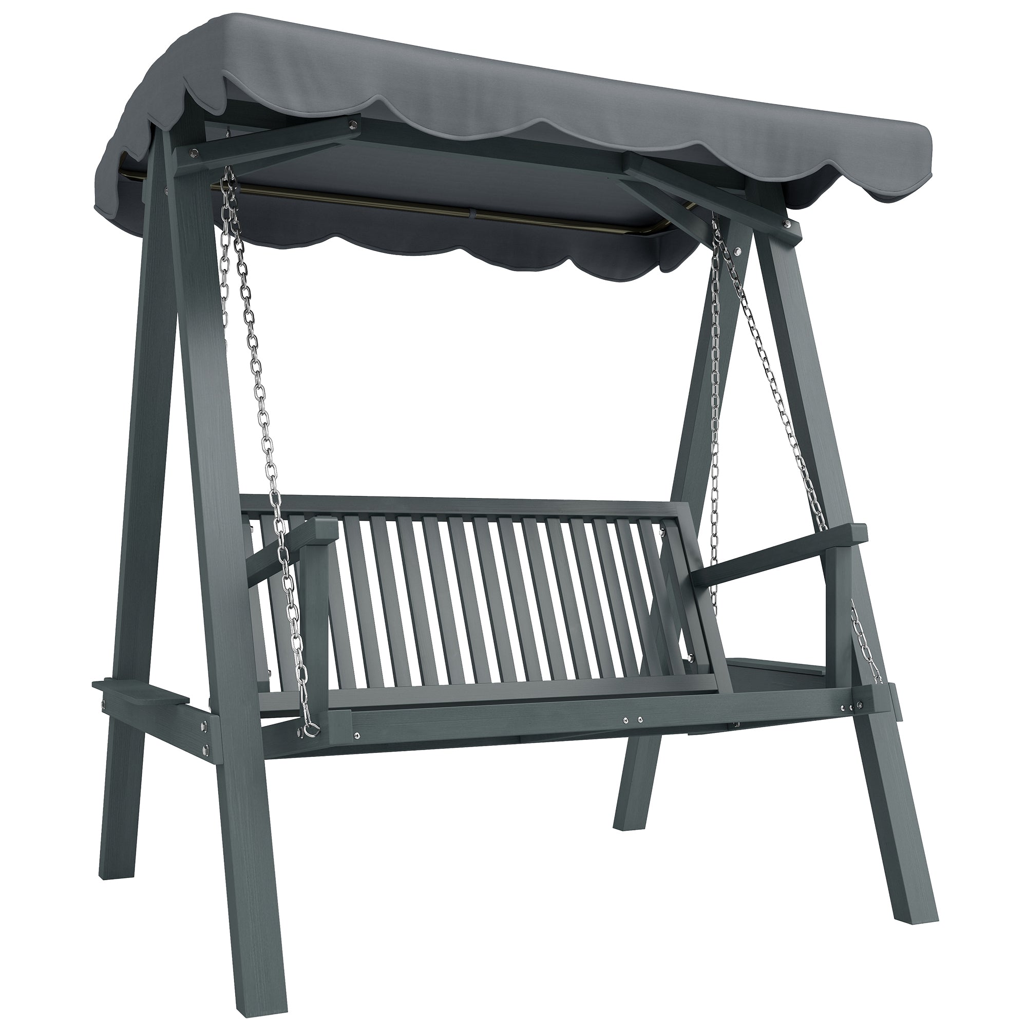 Outsunny 2 Seater Garden Swing Seat with Canopy, Wooden Swing Chair, Outdoor Hammock Bench for Balcony Patio Porch, Grey 