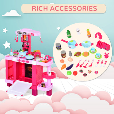HOMCOM 38 Pcs Kids Children Kitchen Play Set w/ Realistic Sounds Lights Food Utensils Pots Pans Appliances Toy Game Pink 