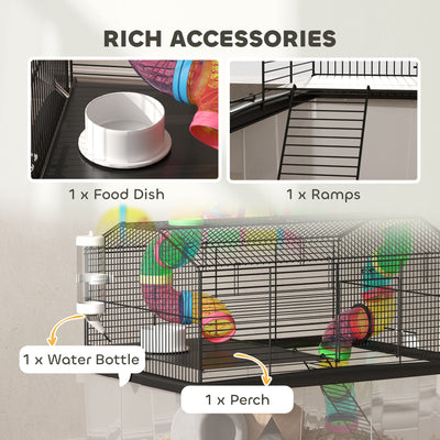 PawHut 2 Tier Hamster Cage with 31cm Deep Tray, Tube System, Water Bottle, Ramp, Feeding Bowl, 58 x 43 x 57cm, Multicolour 