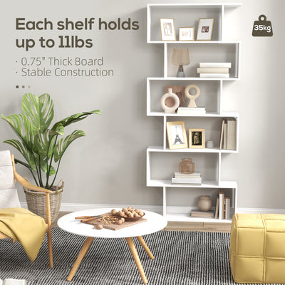 HOMCOM Bookcase, 6 Tier Shelf S Shaped Bookshelf, Storage Unit, Display Shelf for Living Room, Bedroom, Home Office, Plant, White 