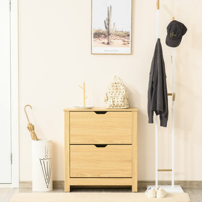 HOMCOM Narrow Shoe Cabinet, Space Saving Shoe Storage Cabinet with 2 Flip Drawers and Adjustable Shelves for 12 Pairs of Shoes for Hallways and Living Room, Natural Wood Finish 