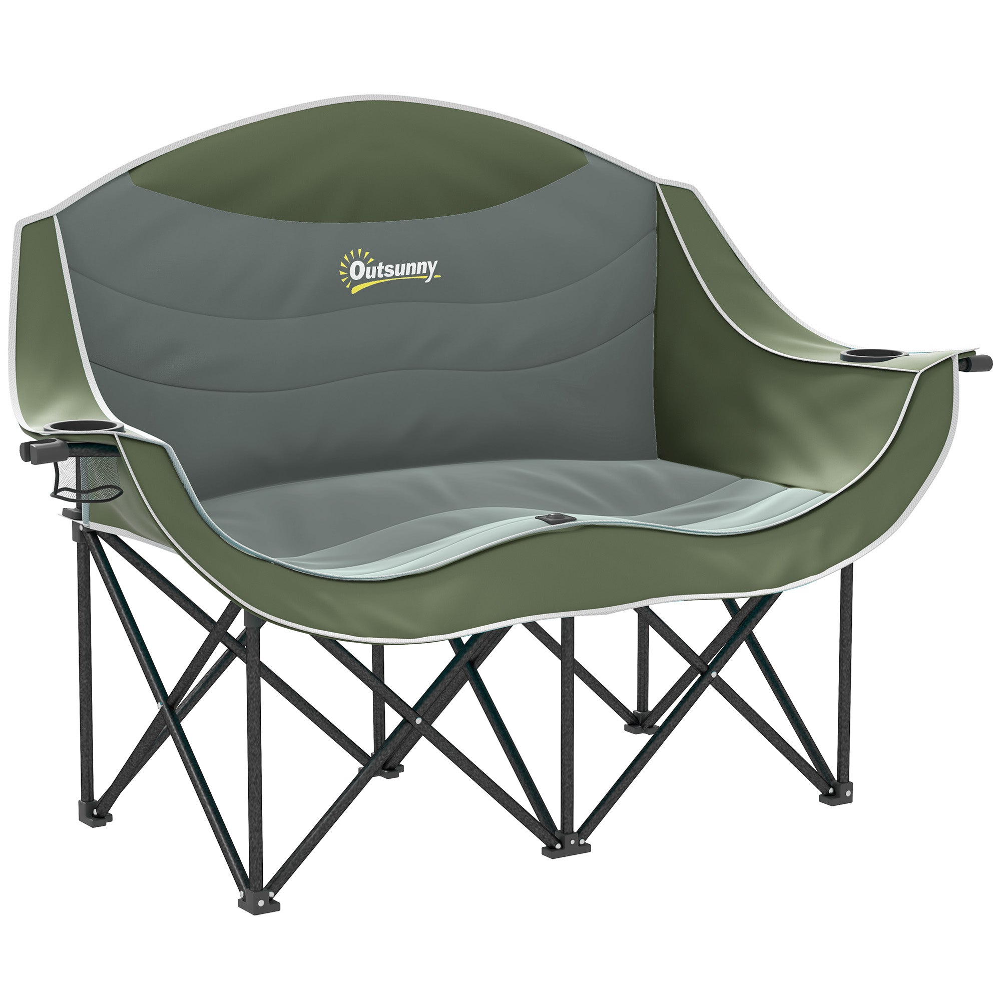 Outsunny Double Camping Chair for Adults, Oversized Heavy Duty Padded Folding Chair with Armrests, Cup Holders and Carry Bag for Outdoor Camping Hiking Picnic Fishing, 250kg Capacity, Green 