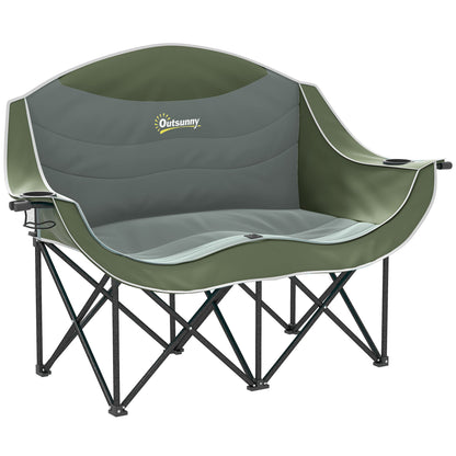 Outsunny Double Camping Chair for Adults, Oversized Heavy Duty Padded Folding Chair with Armrests, Cup Holders and Carry Bag for Outdoor Camping Hiking Picnic Fishing, 250kg Capacity, Green 