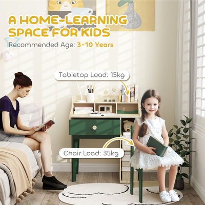 AIYAPLAY Kids Desk and Chair Set with Storage Shelves and Drawer, Green 