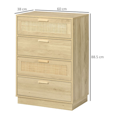 HOMCOM Chest of Four Rattan Weave Panel Drawers - Wood-Effect 