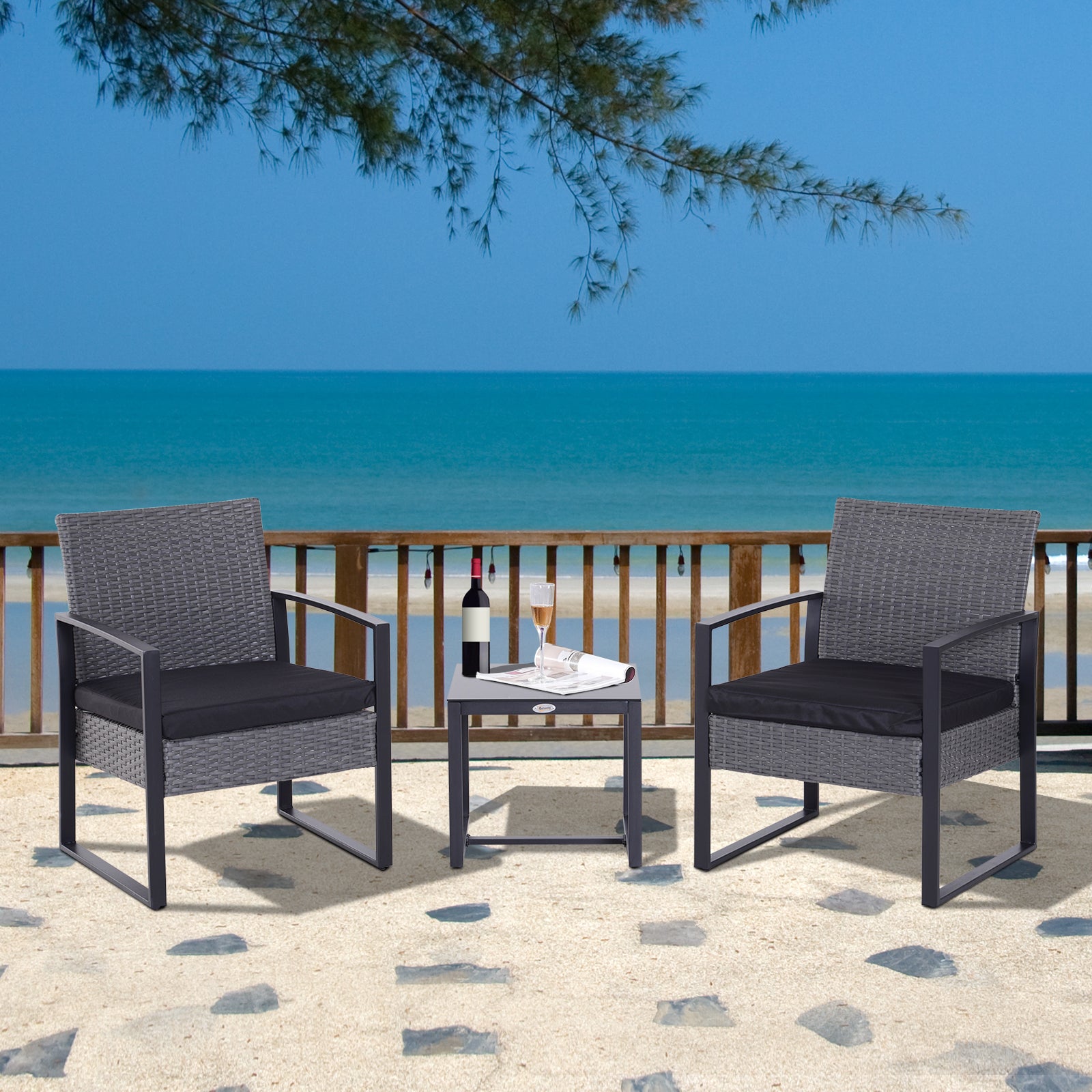 Outsunny 2 Seater Rattan Patio Set W/ Cushions-Grey/Black 
