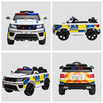 HOMCOM 12V Kids Electric Ride On Police Car 2 Motors with Parental Remote Control Siren Flashing Lights USB Portable for 3-6 Years White 