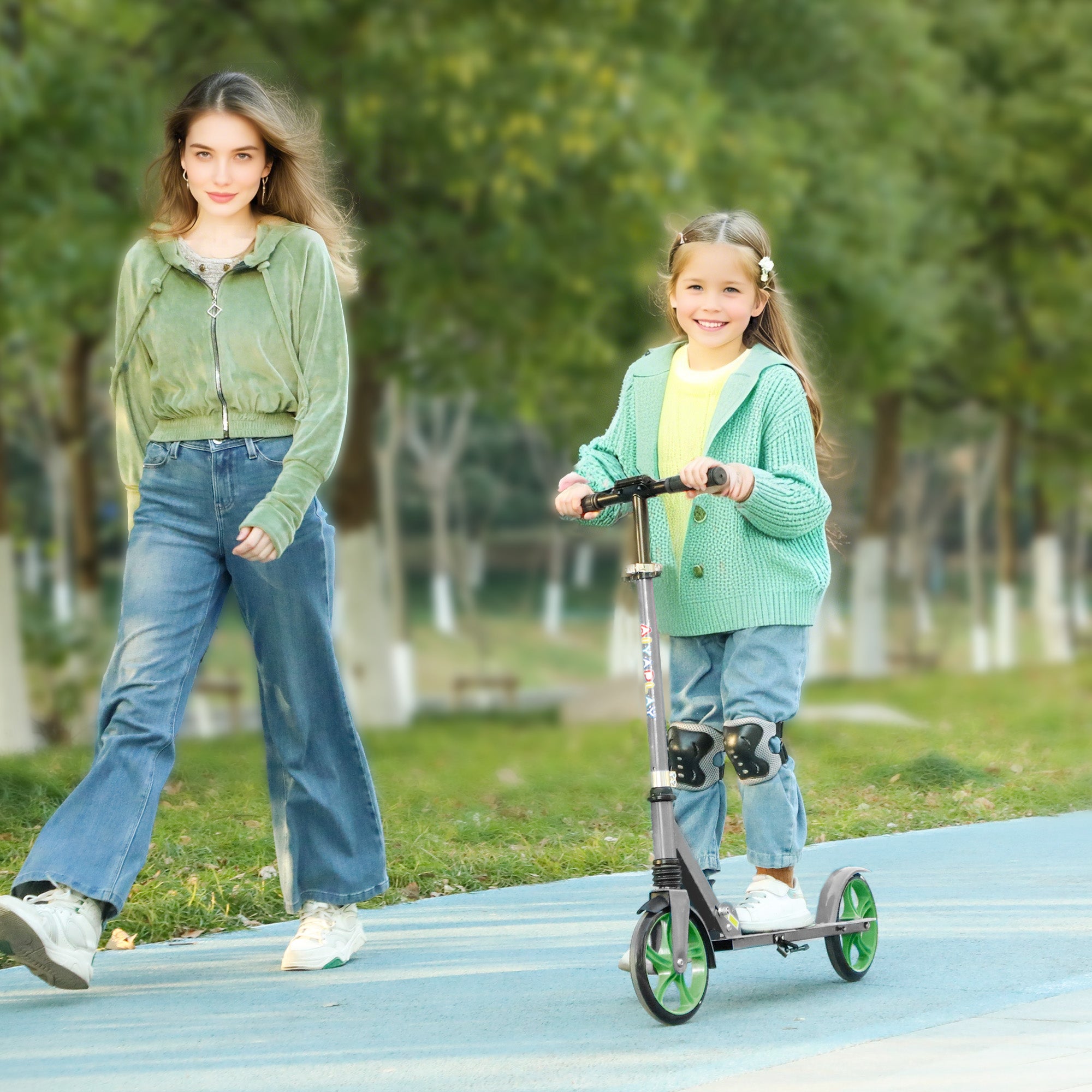 AIYAPLAY Foldable Kids Scooter with Adjustable Handlebar, 200mm Big Wheel, Rear Fender Brake, for Ages 6-12 Years, Green 