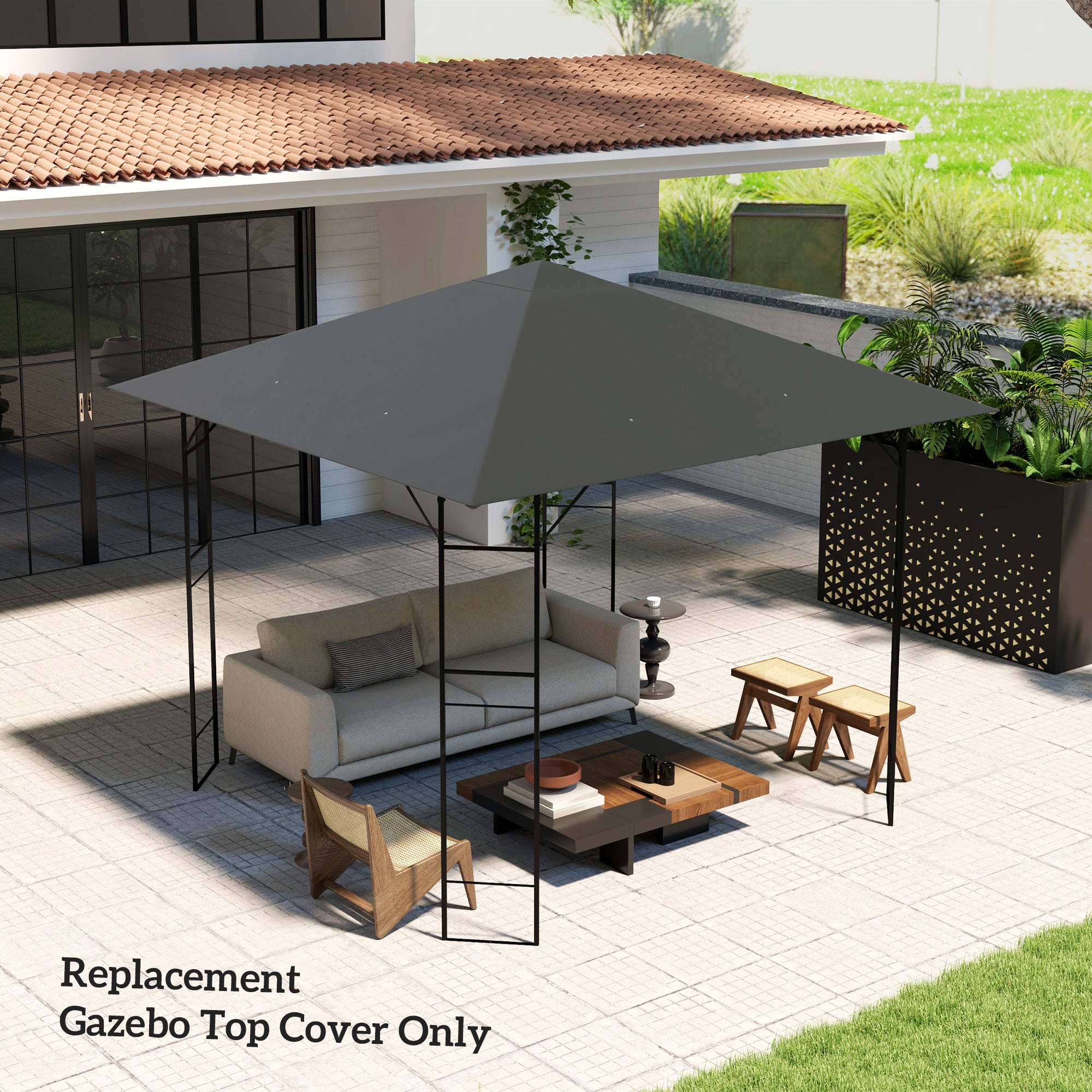 Outsunny 3 x 3(m) Gazebo Canopy Replacement Cover, Garden Gazebo Roof Replacement with Drain Holes, Water Resistant PVC Coating, 370g/\'e3\'8e\'a1, UPF30+, TOP COVER ONLY, Grey